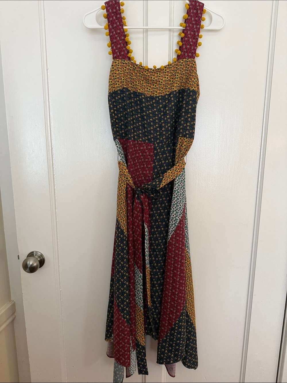 French Connection Multicolor Patchwork Maxi Dress with Pom-Trim Straps
